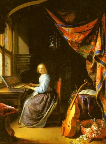 A Woman Playing A Clavichord